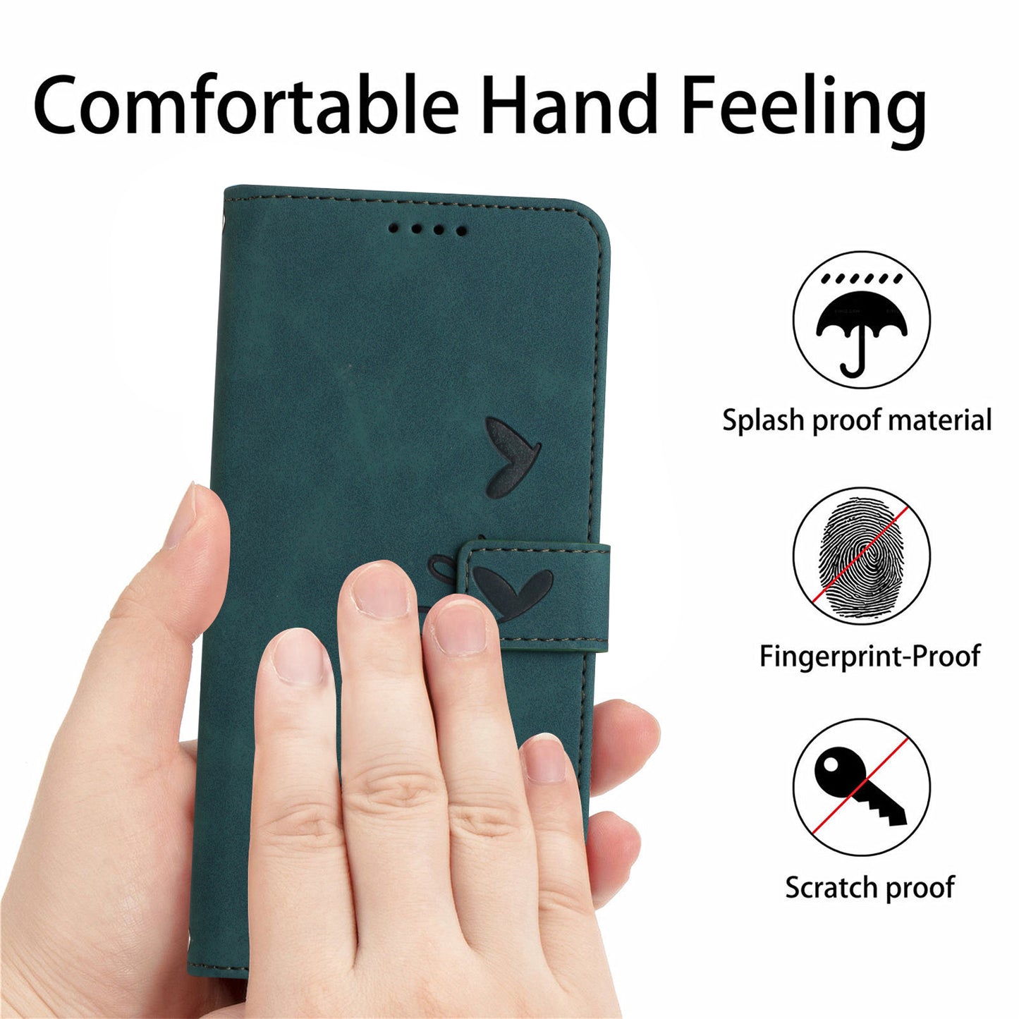 Heart Shape PU Leather Case for Realme C55 , Wallet Stand Phone Cover with Shoulder Strap - Green