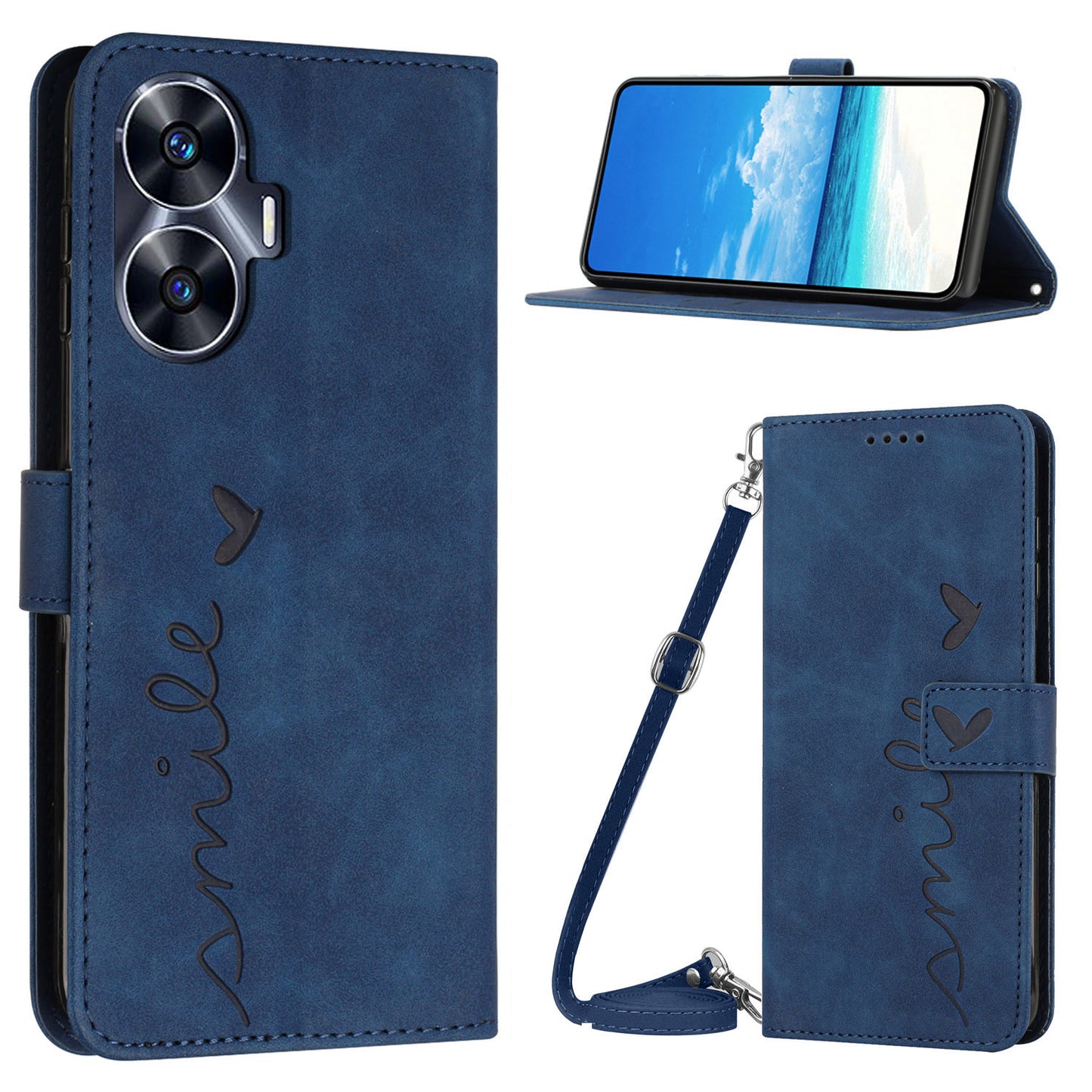 Heart Shape PU Leather Case for Realme C55 , Wallet Stand Phone Cover with Shoulder Strap - Sapphire