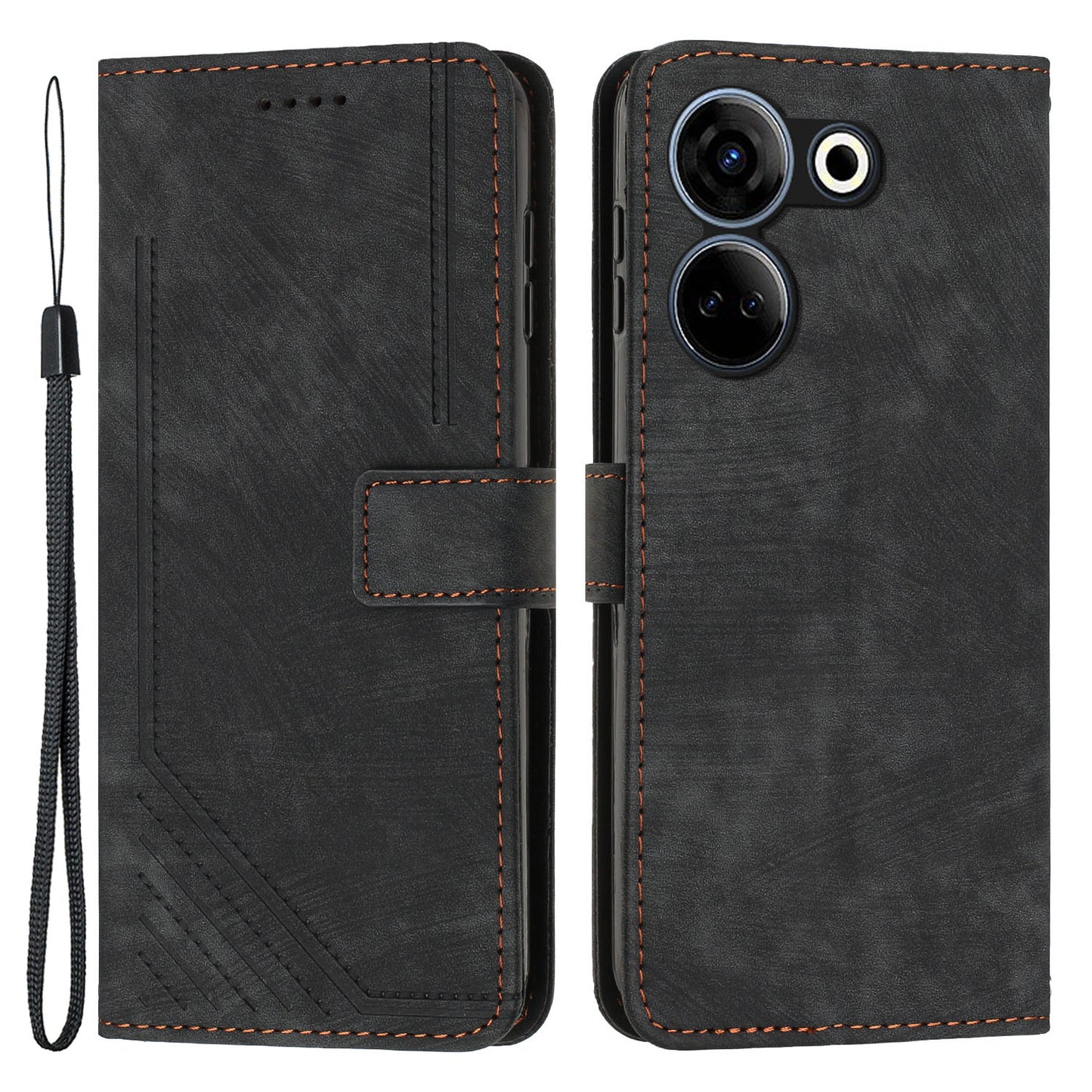 Uniqkart for Tecno Camon 20 4G / Camon 20 Pro 4G Skin-touch PU Leather Case Stand Imprinted Lines Wallet Phone Cover - Black