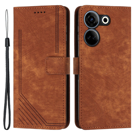 Uniqkart for Tecno Camon 20 4G / Camon 20 Pro 4G Skin-touch PU Leather Case Stand Imprinted Lines Wallet Phone Cover - Brown