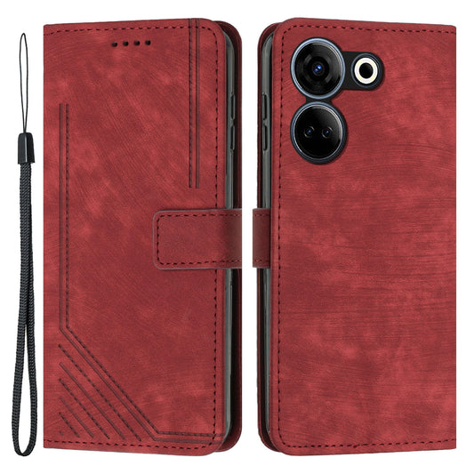 Uniqkart for Tecno Camon 20 4G / Camon 20 Pro 4G Skin-touch PU Leather Case Stand Imprinted Lines Wallet Phone Cover - Red