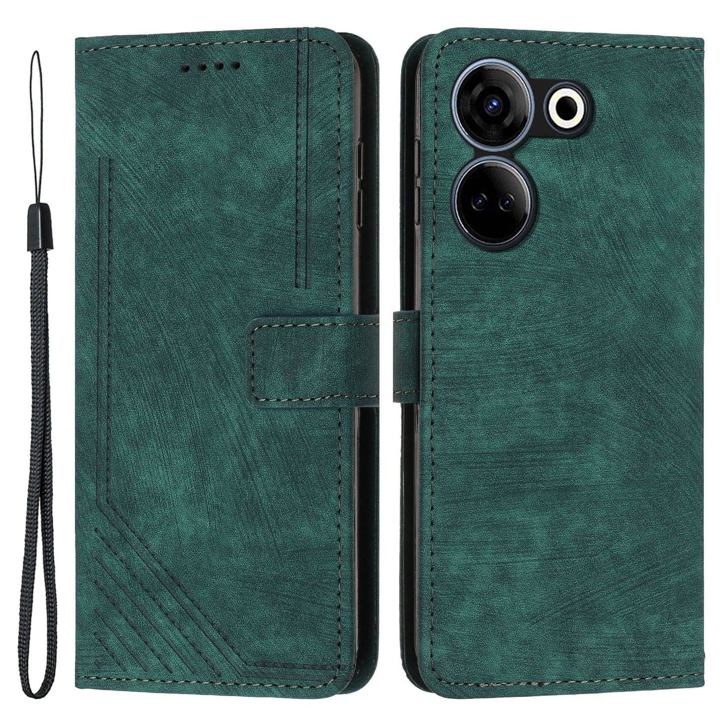 Uniqkart for Tecno Camon 20 4G / Camon 20 Pro 4G Skin-touch PU Leather Case Stand Imprinted Lines Wallet Phone Cover - Green