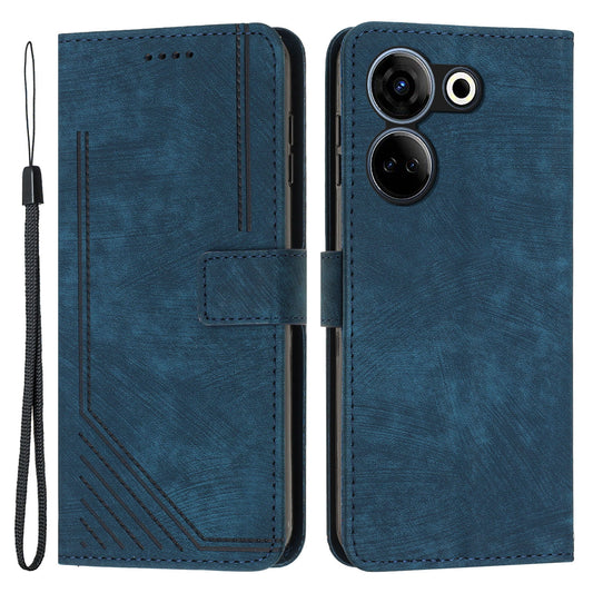 Uniqkart for Tecno Camon 20 4G / Camon 20 Pro 4G Skin-touch PU Leather Case Stand Imprinted Lines Wallet Phone Cover - Sapphire