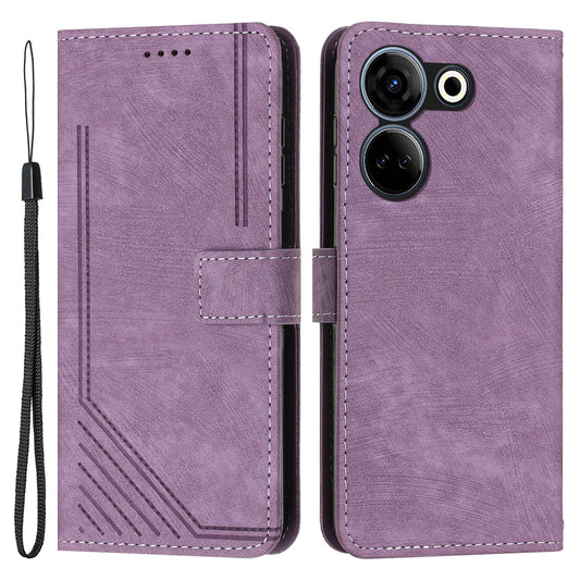 Uniqkart for Tecno Camon 20 4G / Camon 20 Pro 4G Skin-touch PU Leather Case Stand Imprinted Lines Wallet Phone Cover - Purple
