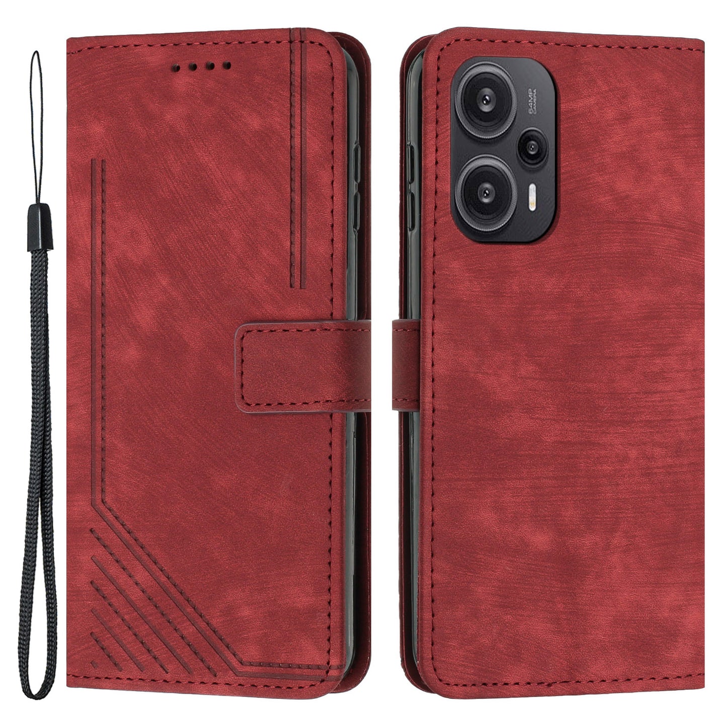 Uniqkart for Xiaomi Redmi Note 12 Turbo / Poco F5 5G Imprinted Lines Leather Phone Case Wallet Stand Phone Cover - Red