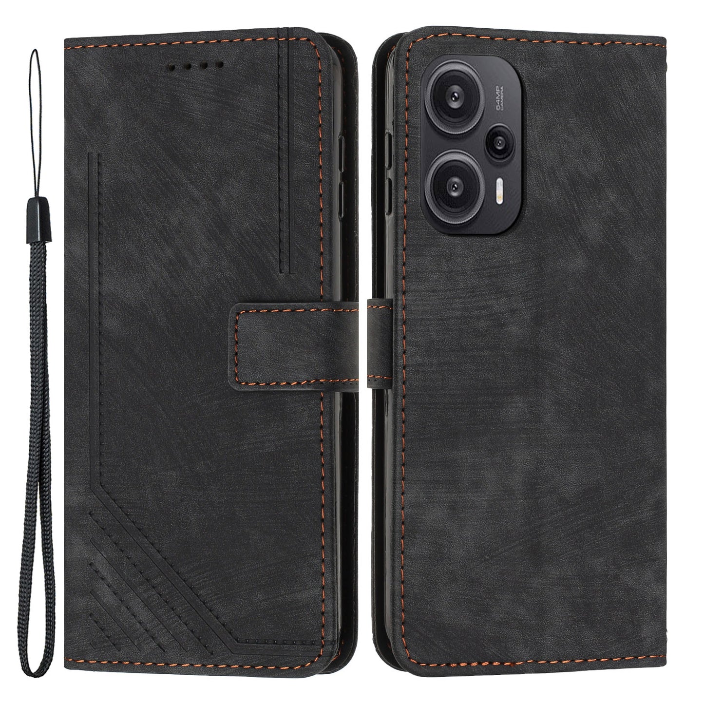 Uniqkart for Xiaomi Redmi Note 12 Turbo / Poco F5 5G Imprinted Lines Leather Phone Case Wallet Stand Phone Cover - Black