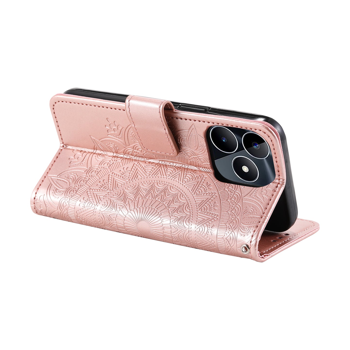 Wallet Shell for Realme Narzo N53 4G / C53 4G PU Leather Case Mandala Flower Imprint Stand Cover - Rose Gold