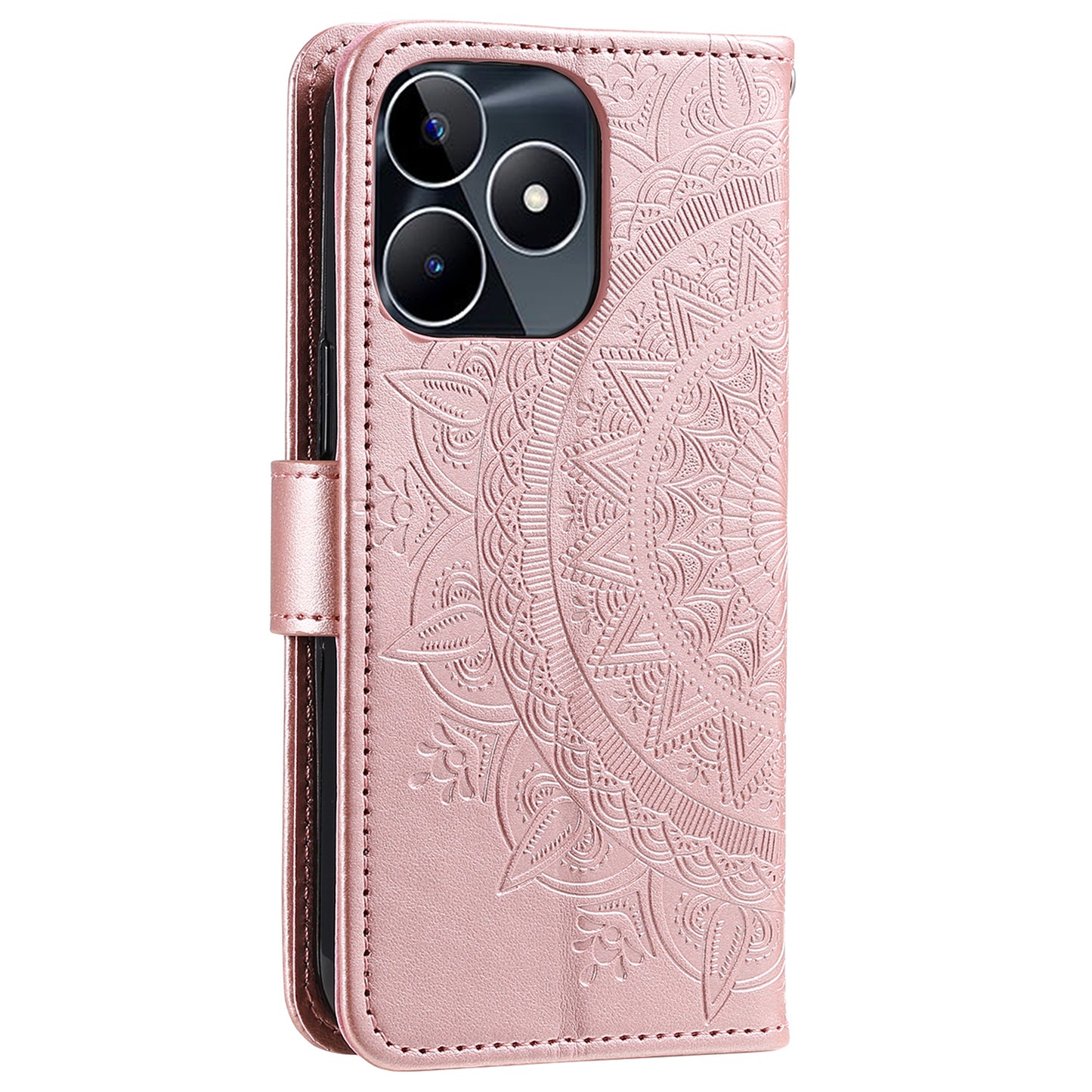 Wallet Shell for Realme Narzo N53 4G / C53 4G PU Leather Case Mandala Flower Imprint Stand Cover - Rose Gold