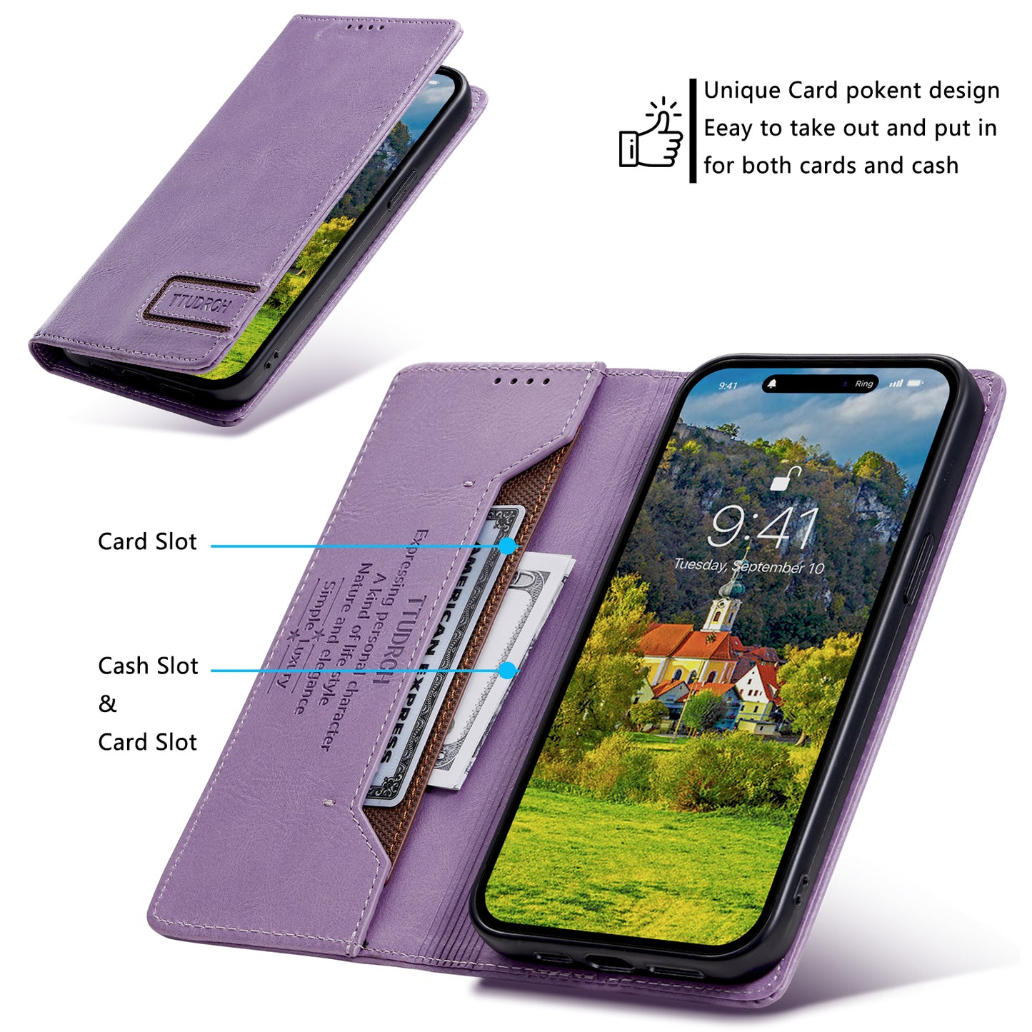 Uniqkart Style 007 For iPhone 15 Pro RFID Blocking Cover Foldable Stand Wallet Phone Leather Case - Purple