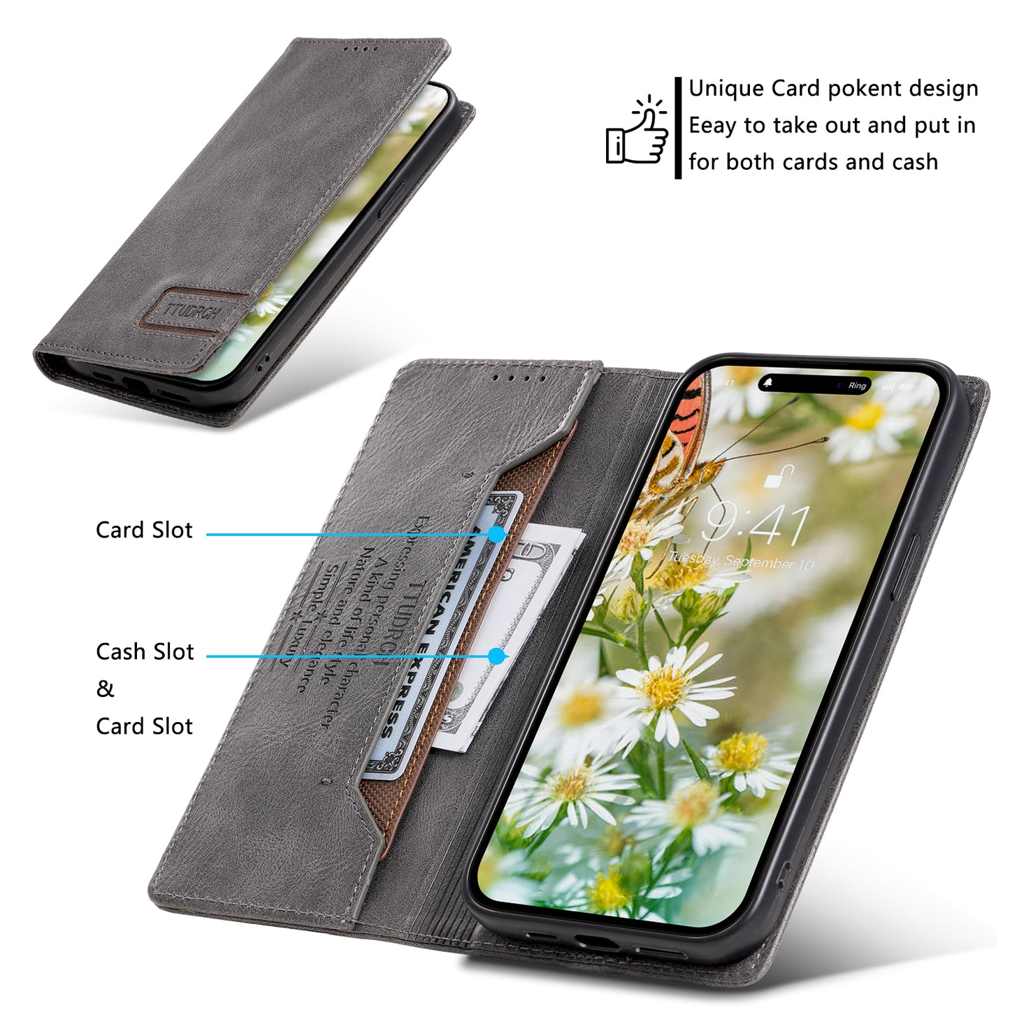 Uniqkart Style 007 For iPhone 15 Pro RFID Blocking Cover Foldable Stand Wallet Phone Leather Case - Grey