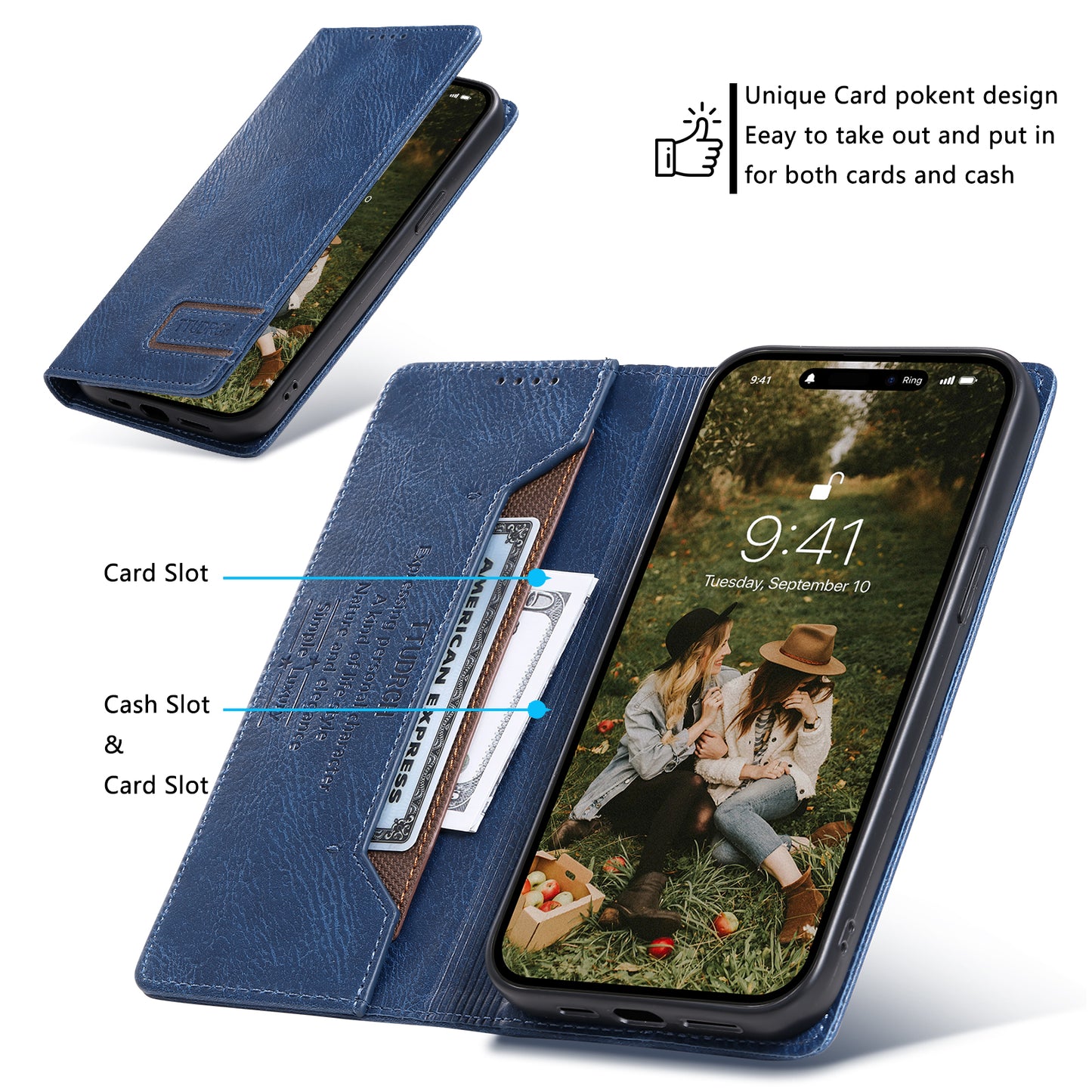 Uniqkart Style 007 For iPhone 15 Pro RFID Blocking Cover Foldable Stand Wallet Phone Leather Case - Blue