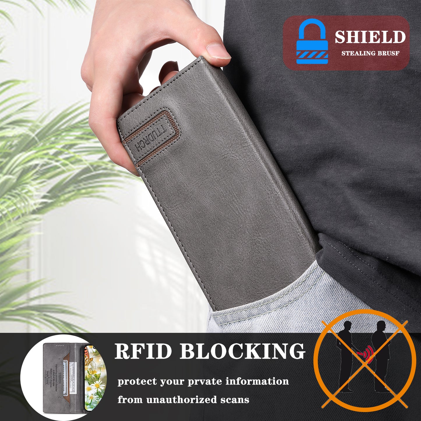 TTUDRCH Style 007 For iPhone 15 RFID Blocking Cover Phone Leather Case with Stand Wallet - Grey