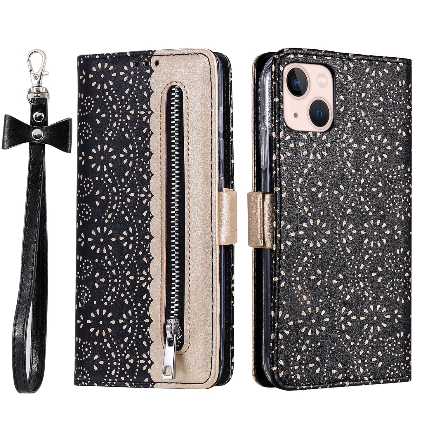Uniqkart for iPhone 15 Zipper Wallet Phone Case Lace Flower Pattern Stand Leather Cover with Bowknot Wrist Strap - Black