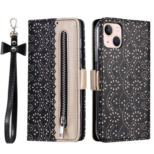 Uniqkart for iPhone 15 Zipper Wallet Phone Case Lace Flower Pattern Stand Leather Cover with Bowknot Wrist Strap - Black