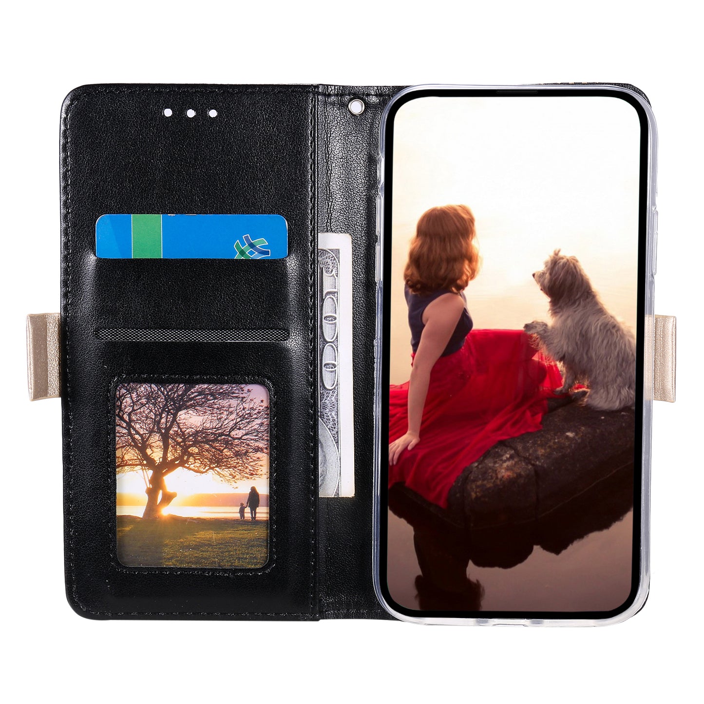 Uniqkart for iPhone 15 Zipper Wallet Phone Case Lace Flower Pattern Stand Leather Cover with Bowknot Wrist Strap - Black