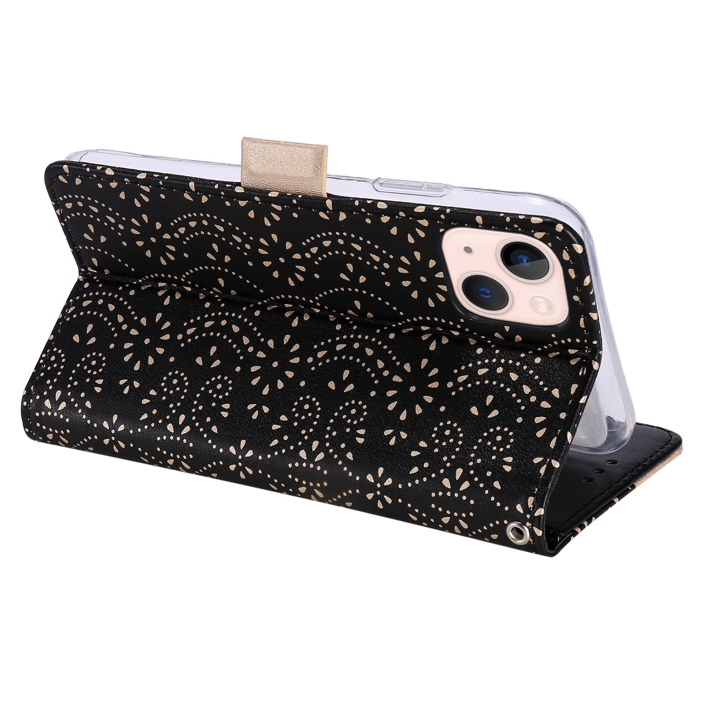 Uniqkart for iPhone 15 Zipper Wallet Phone Case Lace Flower Pattern Stand Leather Cover with Bowknot Wrist Strap - Black