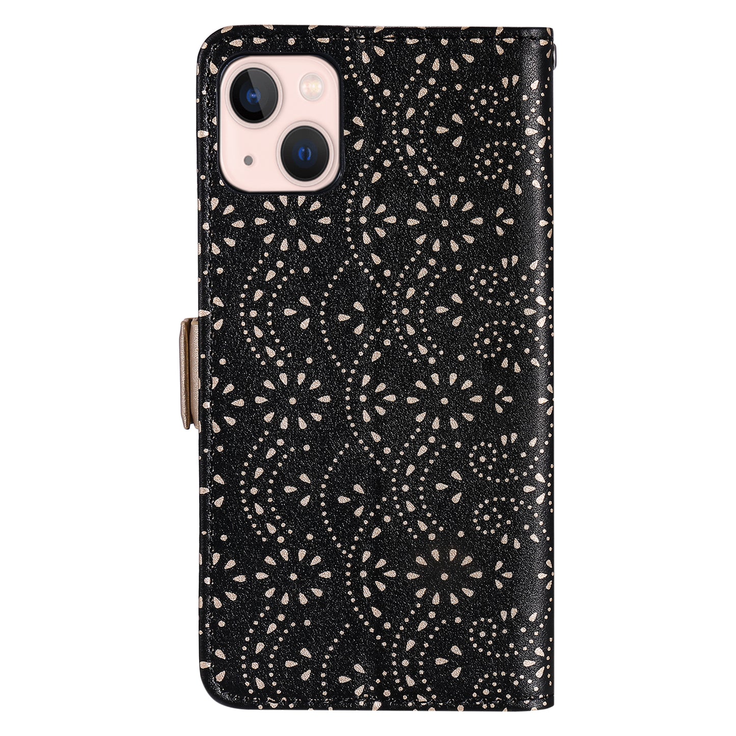 Uniqkart for iPhone 15 Zipper Wallet Phone Case Lace Flower Pattern Stand Leather Cover with Bowknot Wrist Strap - Black