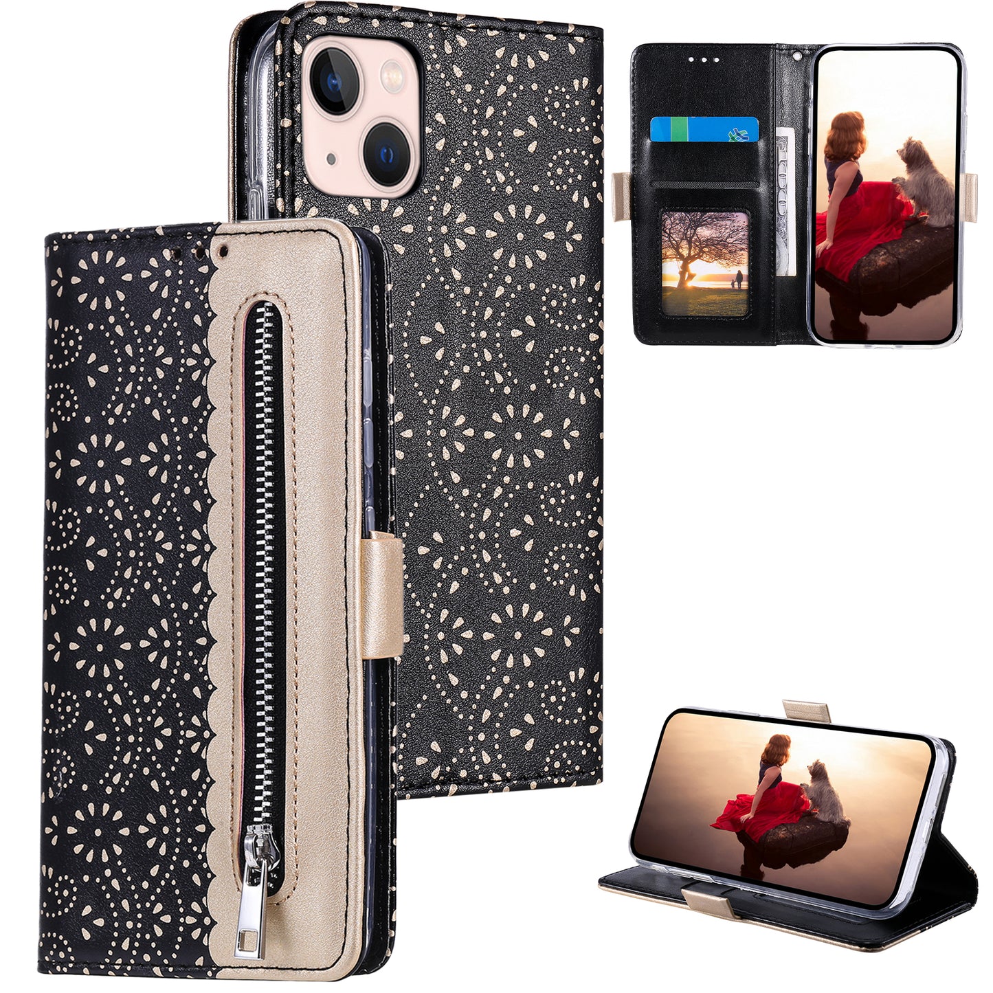 Uniqkart for iPhone 15 Zipper Wallet Phone Case Lace Flower Pattern Stand Leather Cover with Bowknot Wrist Strap - Black