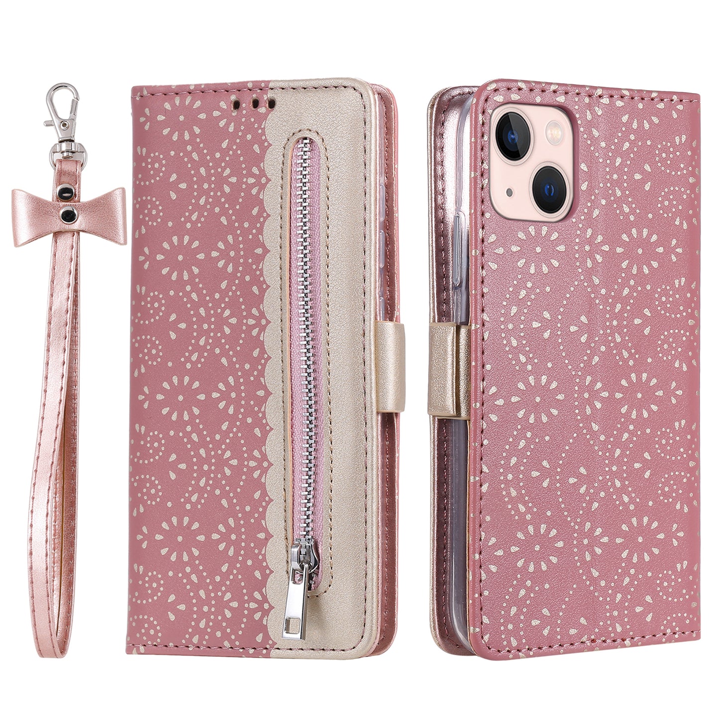 Uniqkart for iPhone 15 Zipper Wallet Phone Case Lace Flower Pattern Stand Leather Cover with Bowknot Wrist Strap - Rose Gold