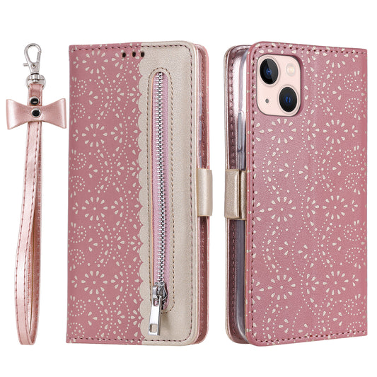 Uniqkart for iPhone 15 Zipper Wallet Phone Case Lace Flower Pattern Stand Leather Cover with Bowknot Wrist Strap - Rose Gold