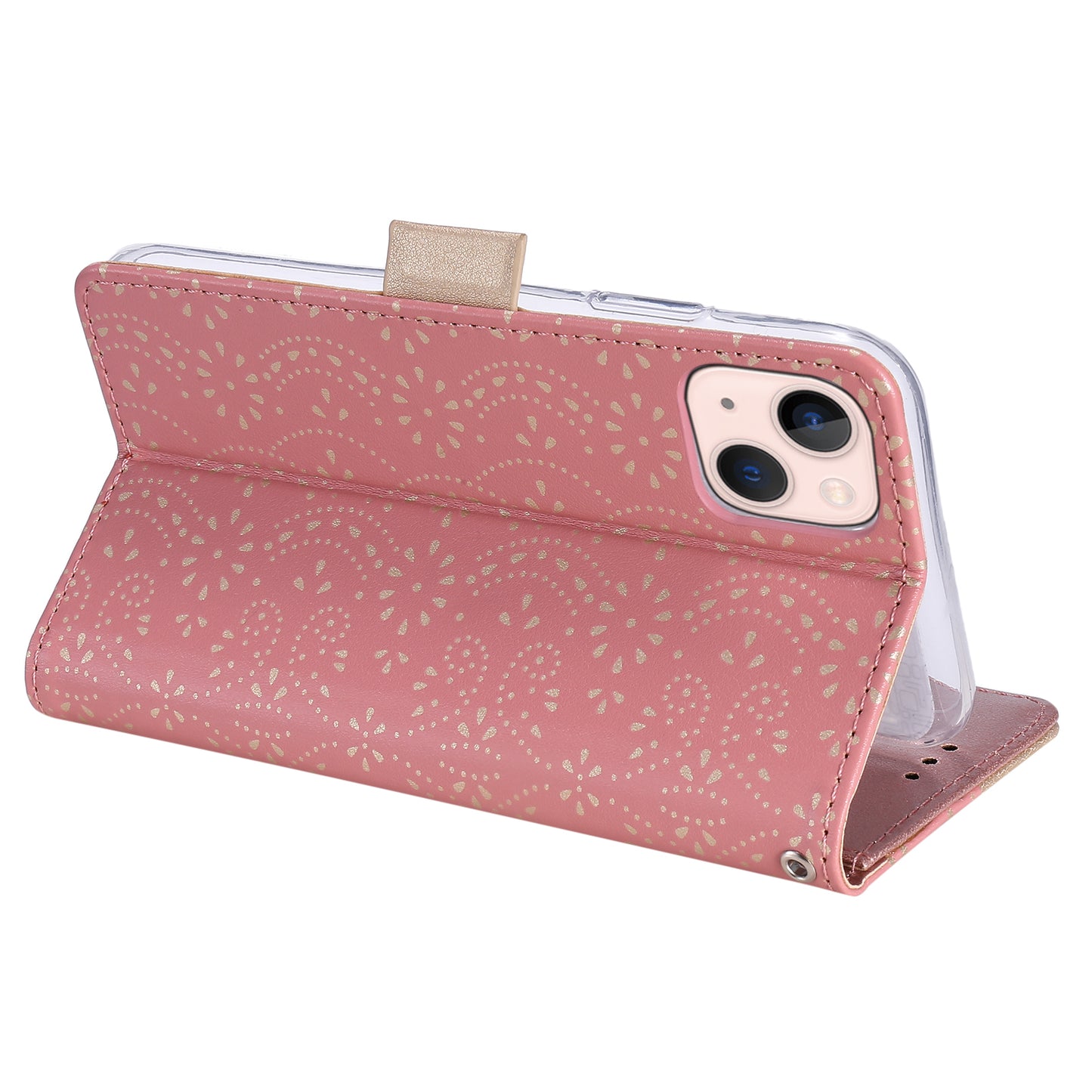 Uniqkart for iPhone 15 Zipper Wallet Phone Case Lace Flower Pattern Stand Leather Cover with Bowknot Wrist Strap - Rose Gold