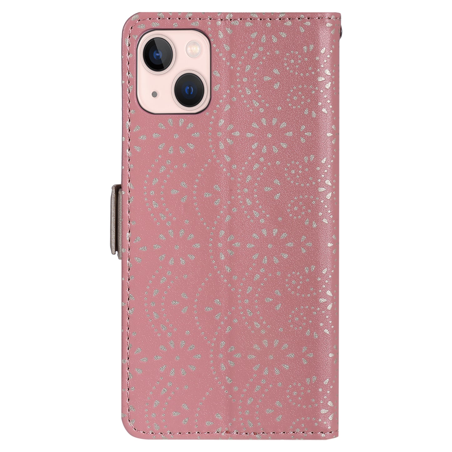 Uniqkart for iPhone 15 Zipper Wallet Phone Case Lace Flower Pattern Stand Leather Cover with Bowknot Wrist Strap - Rose Gold
