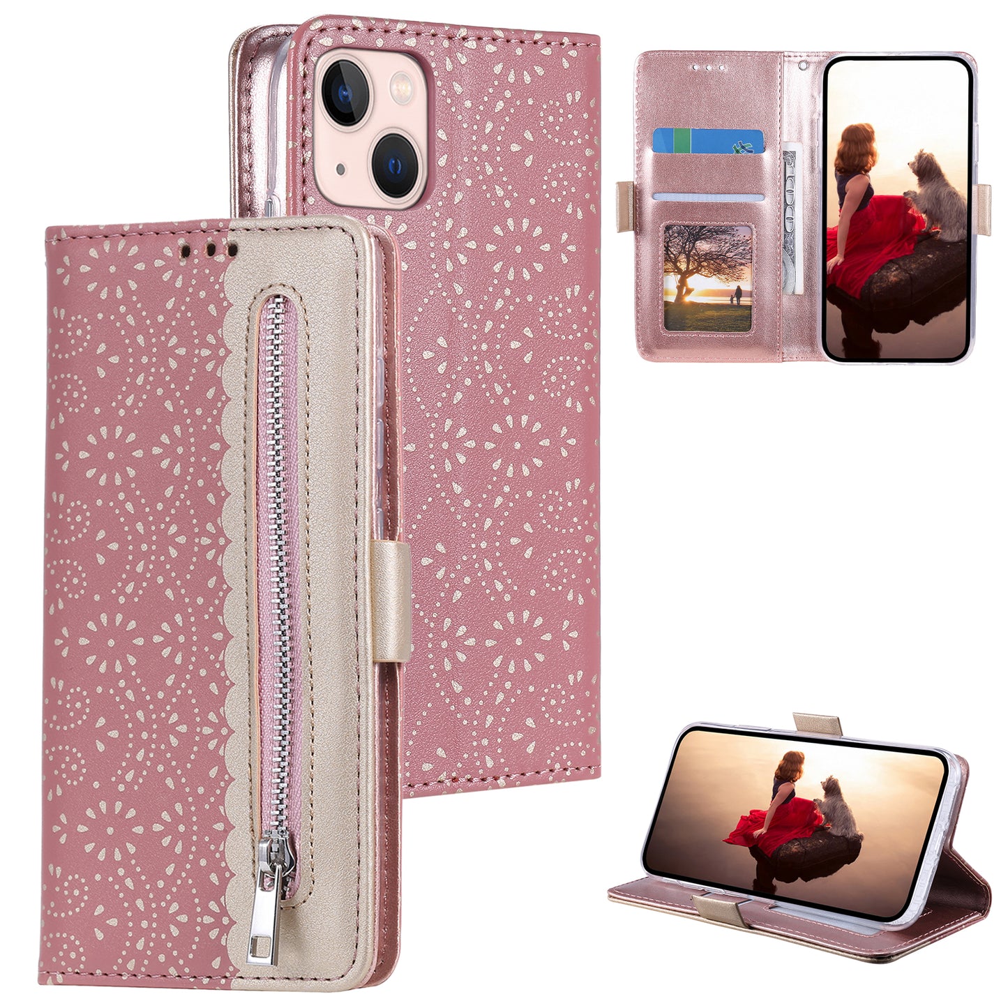 Uniqkart for iPhone 15 Zipper Wallet Phone Case Lace Flower Pattern Stand Leather Cover with Bowknot Wrist Strap - Rose Gold