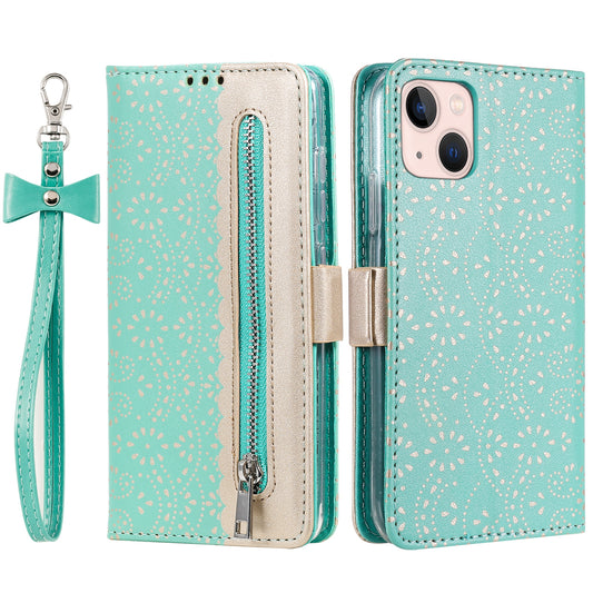 Uniqkart for iPhone 15 Zipper Wallet Phone Case Lace Flower Pattern Stand Leather Cover with Bowknot Wrist Strap - Green