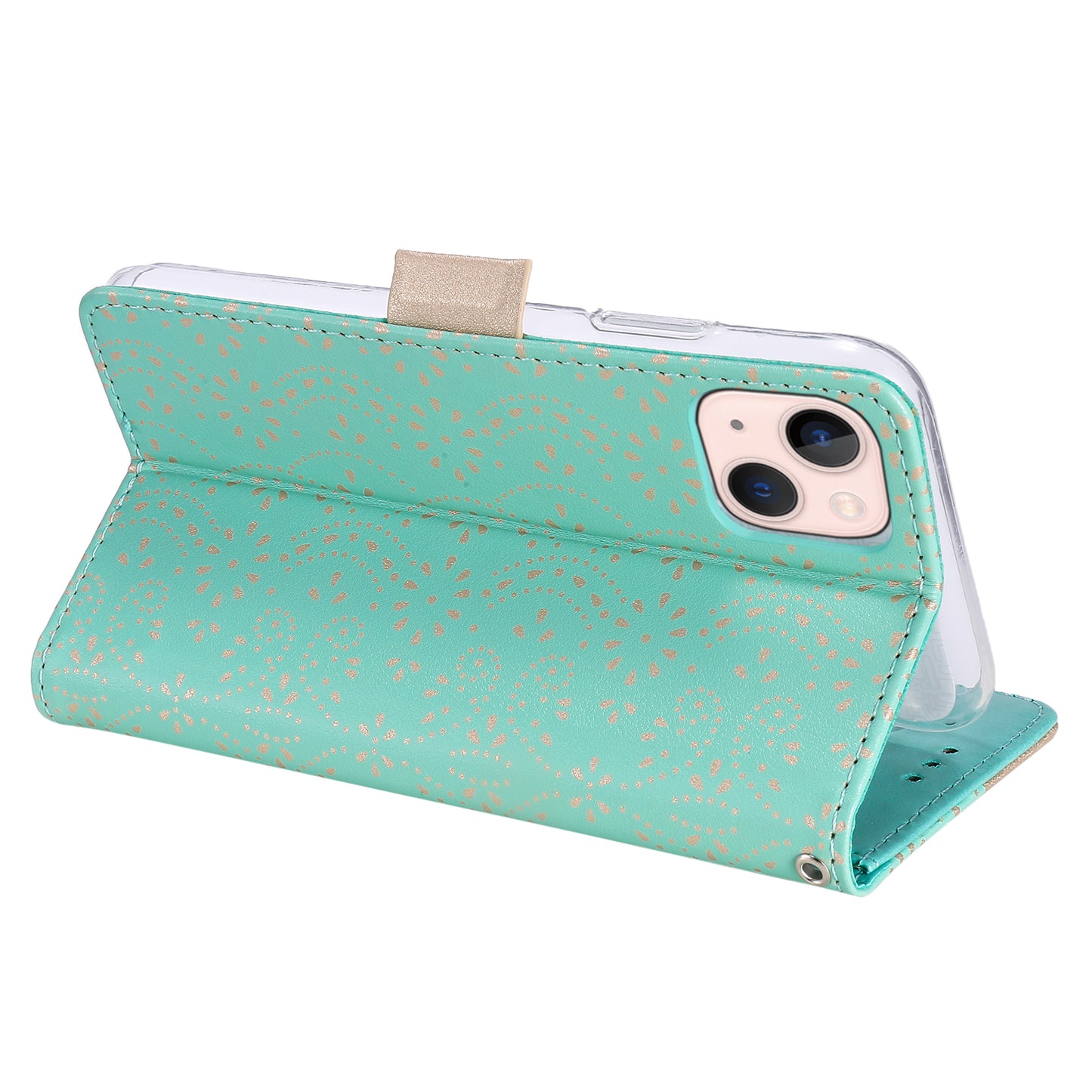 Uniqkart for iPhone 15 Zipper Wallet Phone Case Lace Flower Pattern Stand Leather Cover with Bowknot Wrist Strap - Green