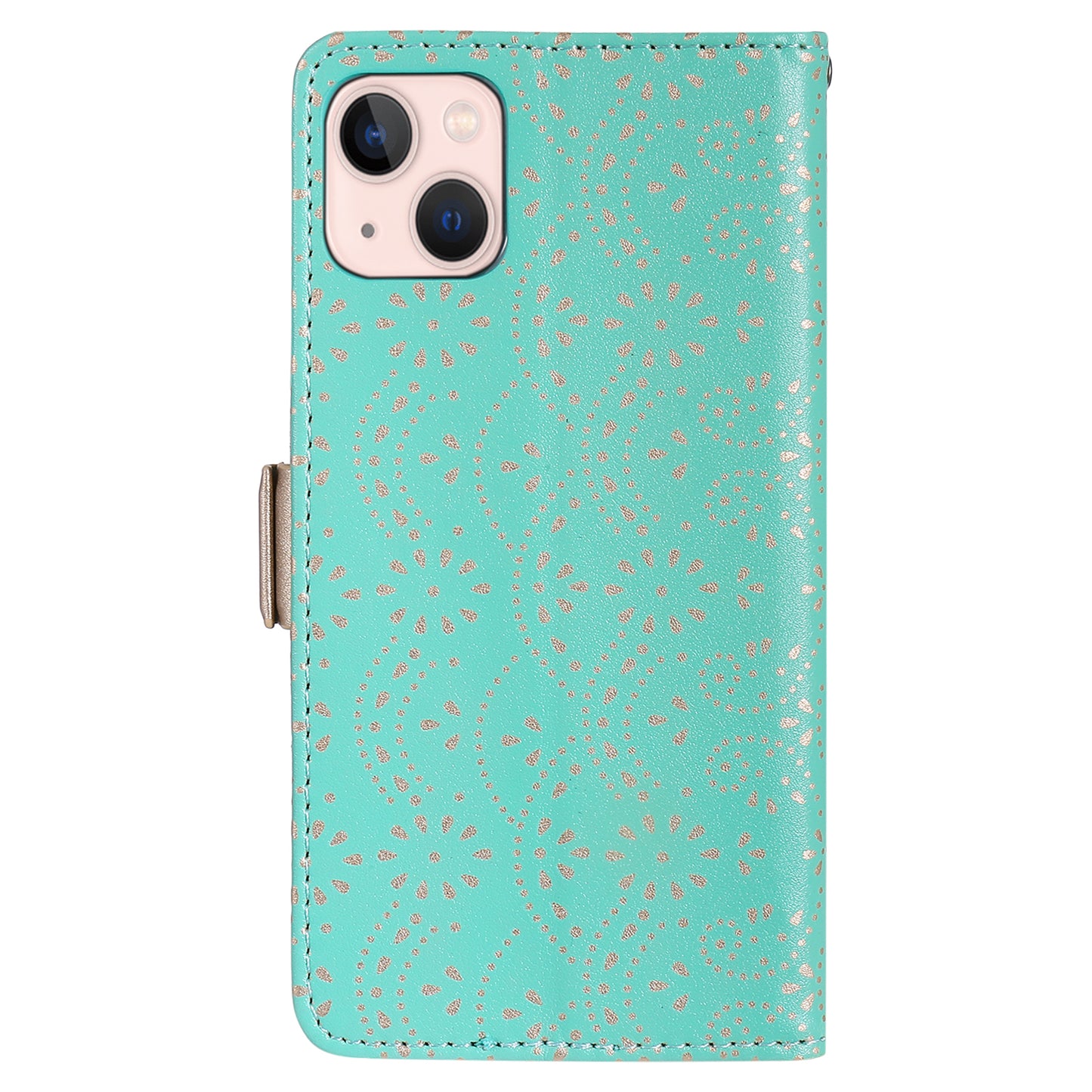Uniqkart for iPhone 15 Zipper Wallet Phone Case Lace Flower Pattern Stand Leather Cover with Bowknot Wrist Strap - Green