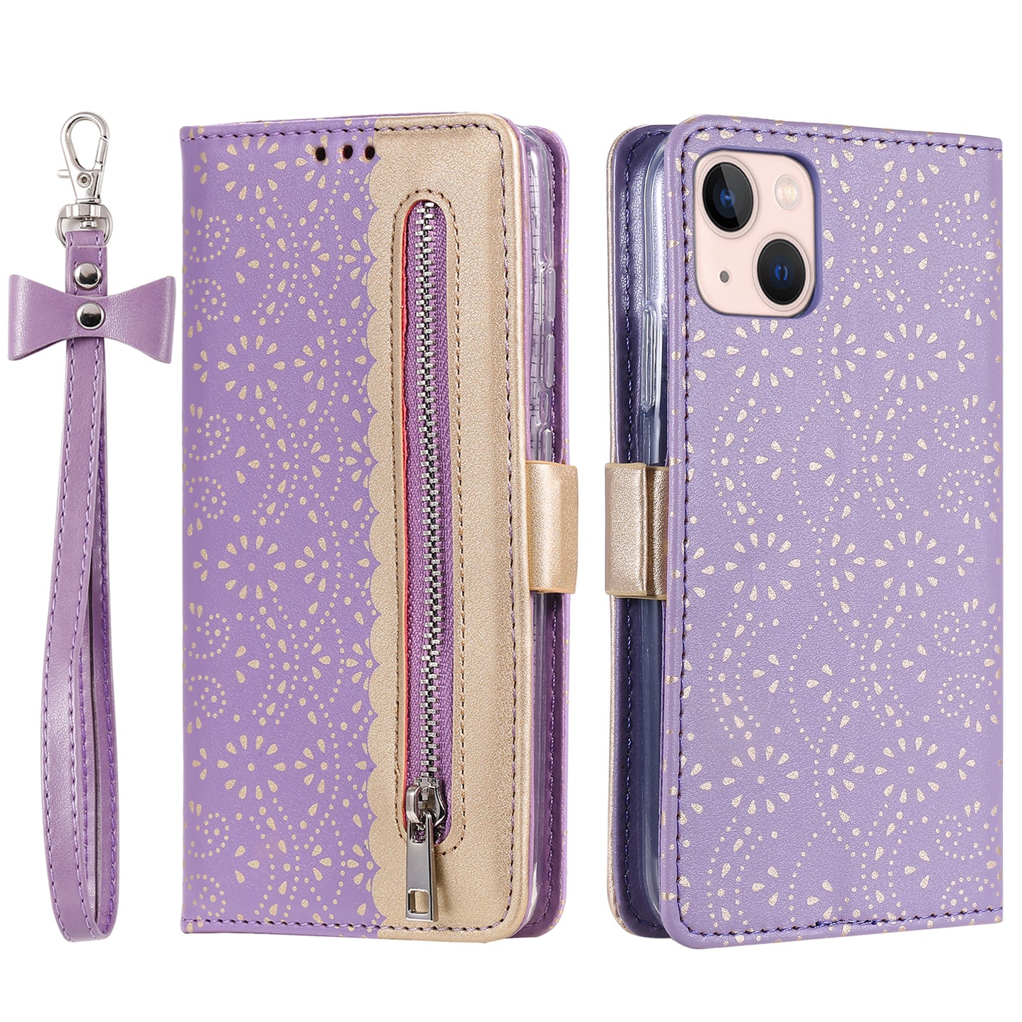 Uniqkart for iPhone 15 Zipper Wallet Phone Case Lace Flower Pattern Stand Leather Cover with Bowknot Wrist Strap - Purple