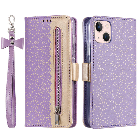 Uniqkart for iPhone 15 Zipper Wallet Phone Case Lace Flower Pattern Stand Leather Cover with Bowknot Wrist Strap - Purple