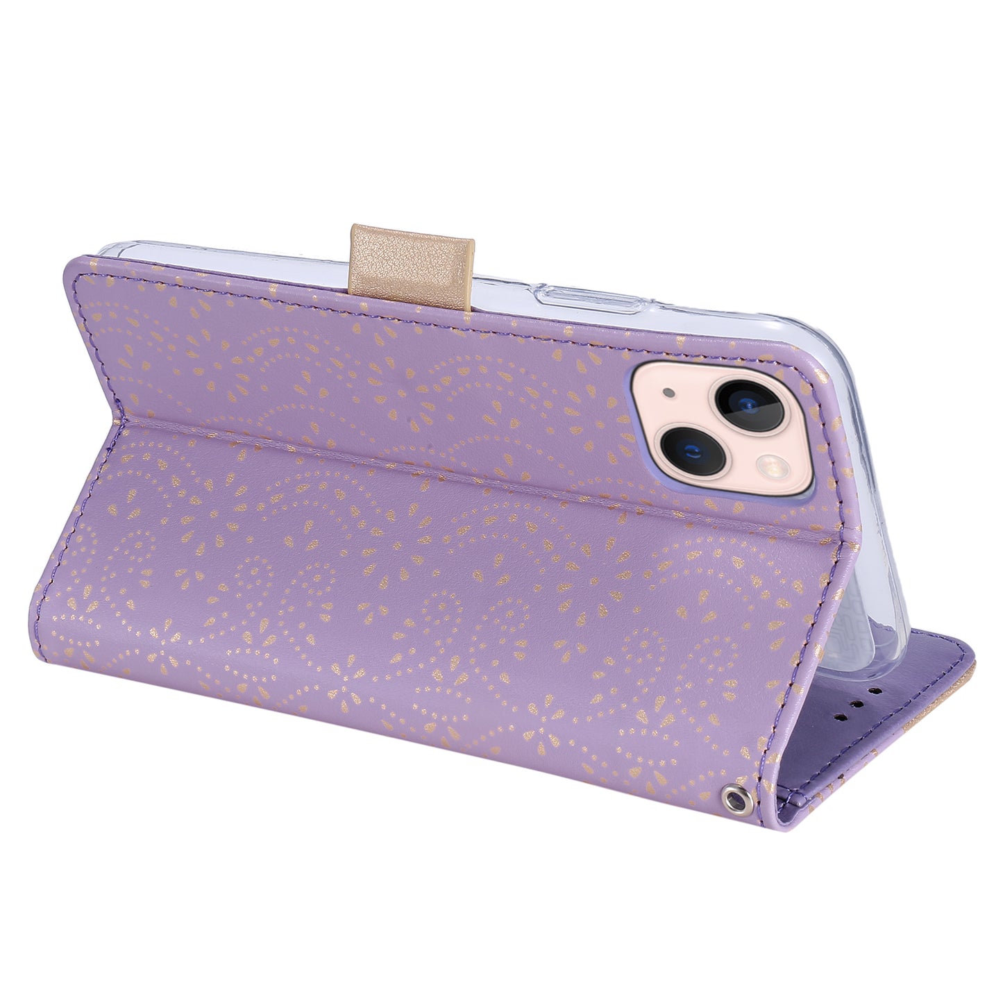 Uniqkart for iPhone 15 Zipper Wallet Phone Case Lace Flower Pattern Stand Leather Cover with Bowknot Wrist Strap - Purple