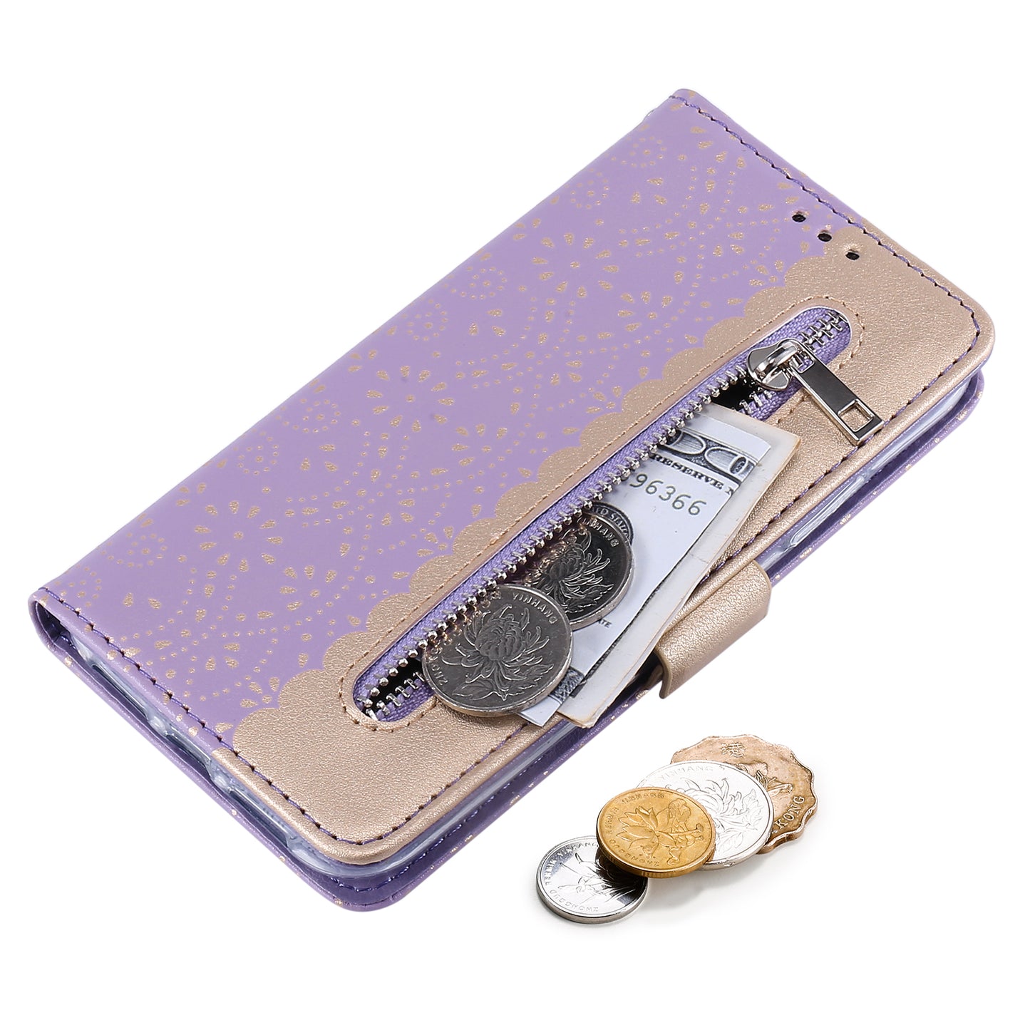 Uniqkart for iPhone 15 Zipper Wallet Phone Case Lace Flower Pattern Stand Leather Cover with Bowknot Wrist Strap - Purple