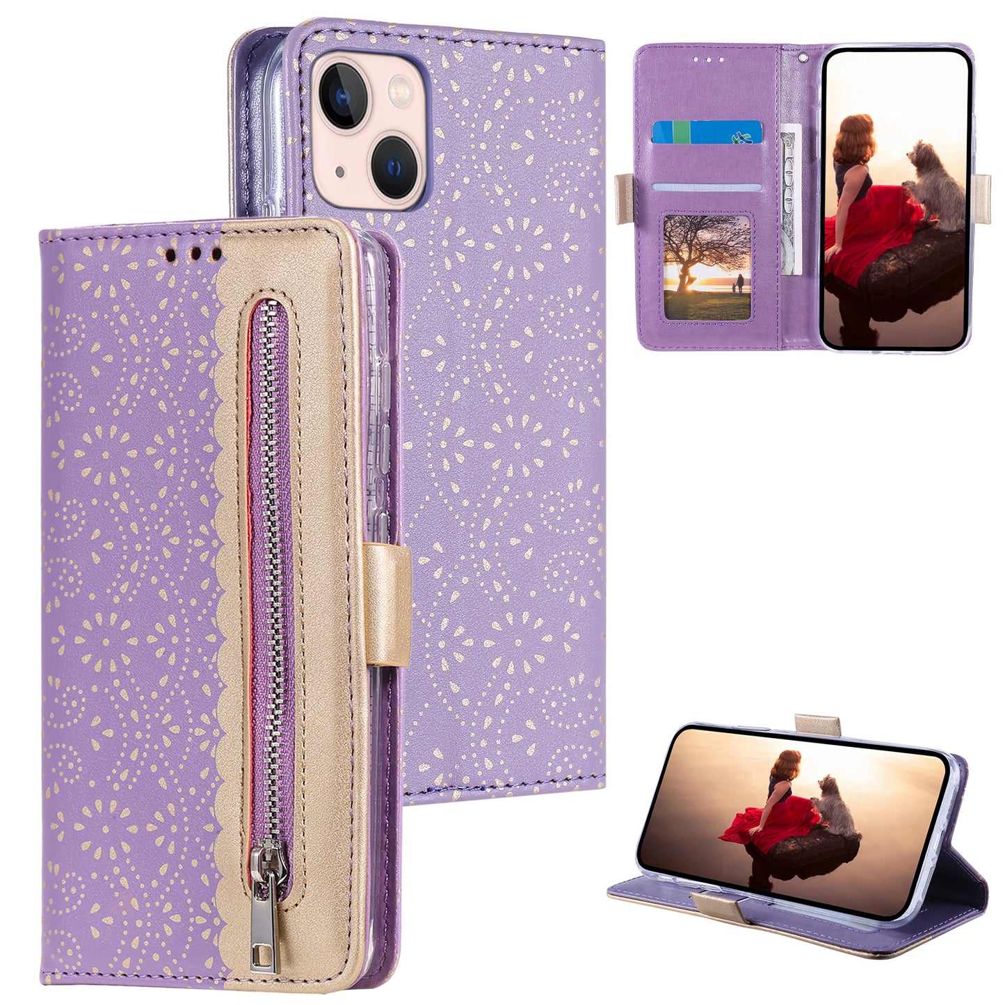 Uniqkart for iPhone 15 Zipper Wallet Phone Case Lace Flower Pattern Stand Leather Cover with Bowknot Wrist Strap - Purple