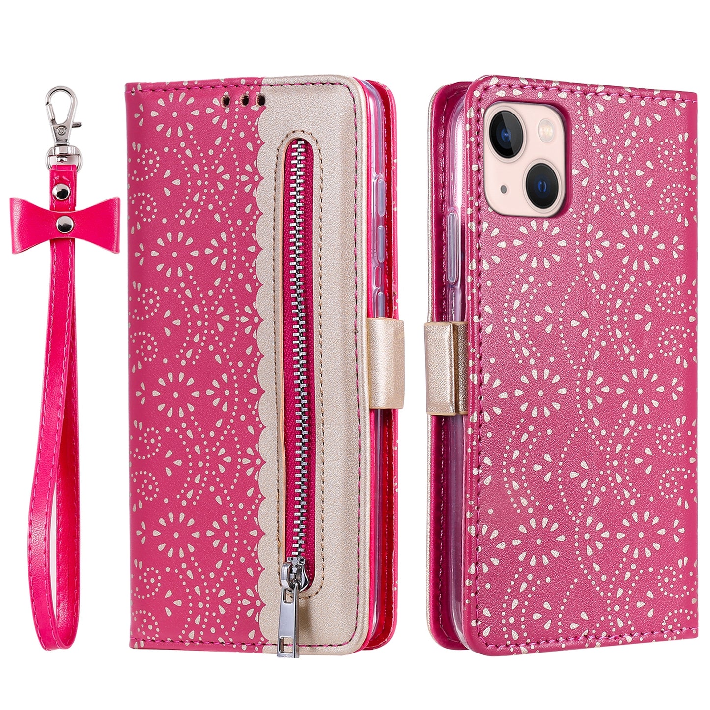 Uniqkart for iPhone 15 Zipper Wallet Phone Case Lace Flower Pattern Stand Leather Cover with Bowknot Wrist Strap - Rose