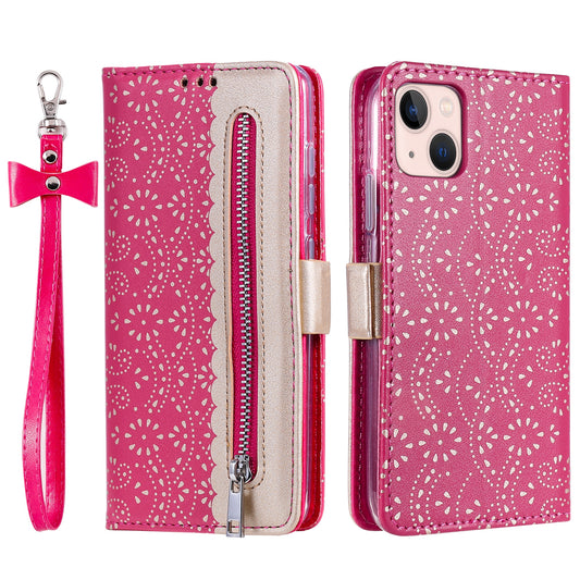 Uniqkart for iPhone 15 Zipper Wallet Phone Case Lace Flower Pattern Stand Leather Cover with Bowknot Wrist Strap - Rose