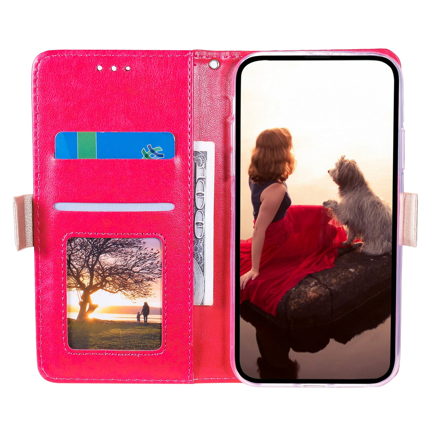 Uniqkart for iPhone 15 Zipper Wallet Phone Case Lace Flower Pattern Stand Leather Cover with Bowknot Wrist Strap - Rose