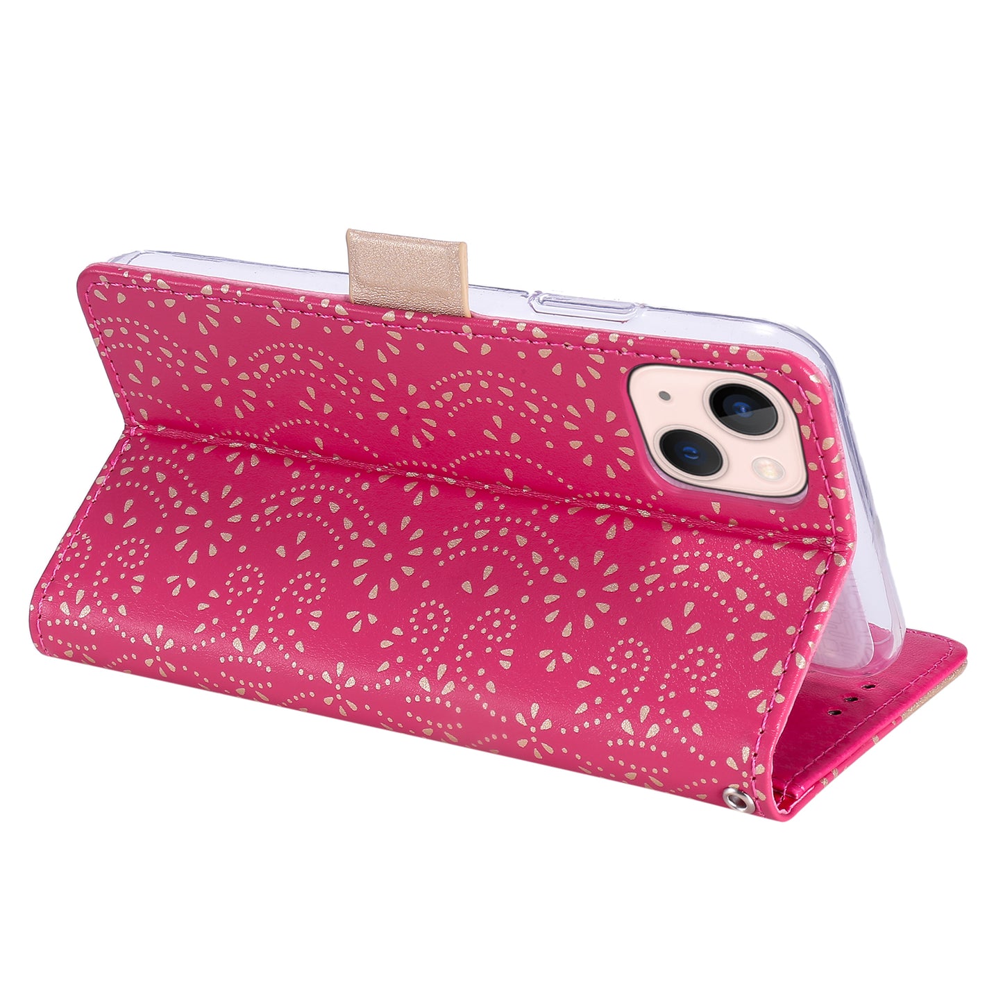 Uniqkart for iPhone 15 Zipper Wallet Phone Case Lace Flower Pattern Stand Leather Cover with Bowknot Wrist Strap - Rose