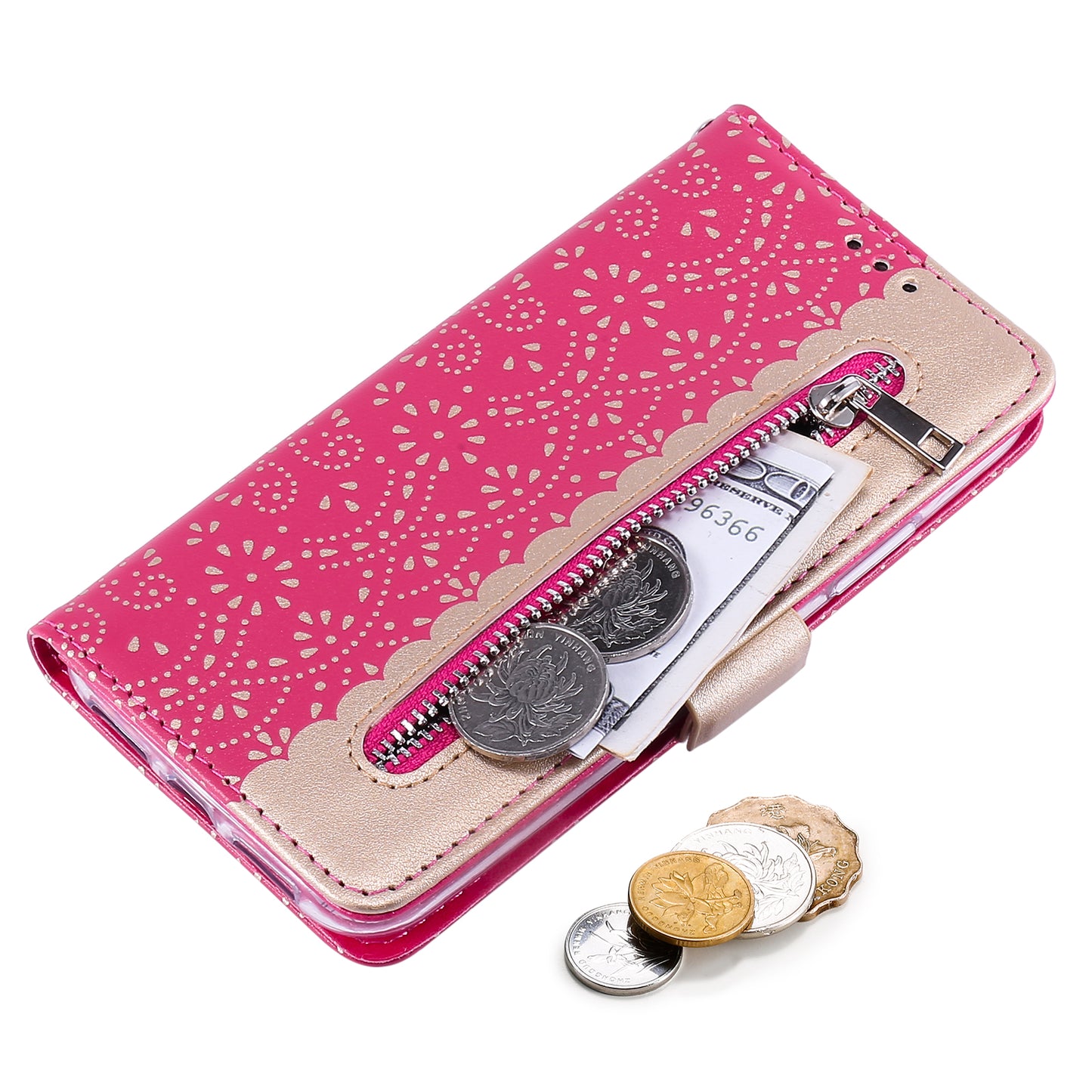 Uniqkart for iPhone 15 Zipper Wallet Phone Case Lace Flower Pattern Stand Leather Cover with Bowknot Wrist Strap - Rose