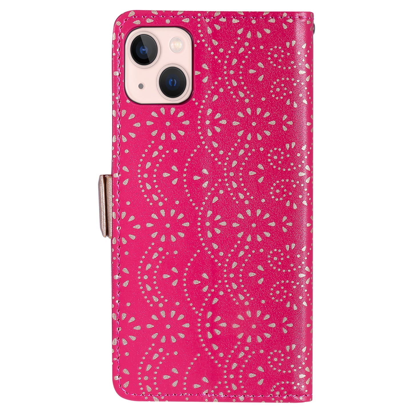 Uniqkart for iPhone 15 Zipper Wallet Phone Case Lace Flower Pattern Stand Leather Cover with Bowknot Wrist Strap - Rose