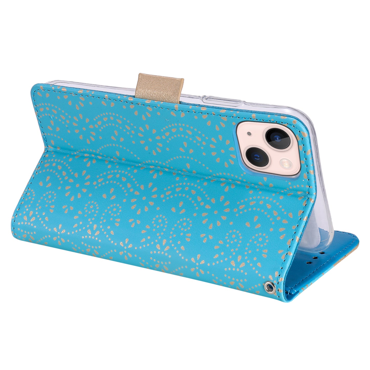 Uniqkart for iPhone 15 Zipper Wallet Phone Case Lace Flower Pattern Stand Leather Cover with Bowknot Wrist Strap - Blue