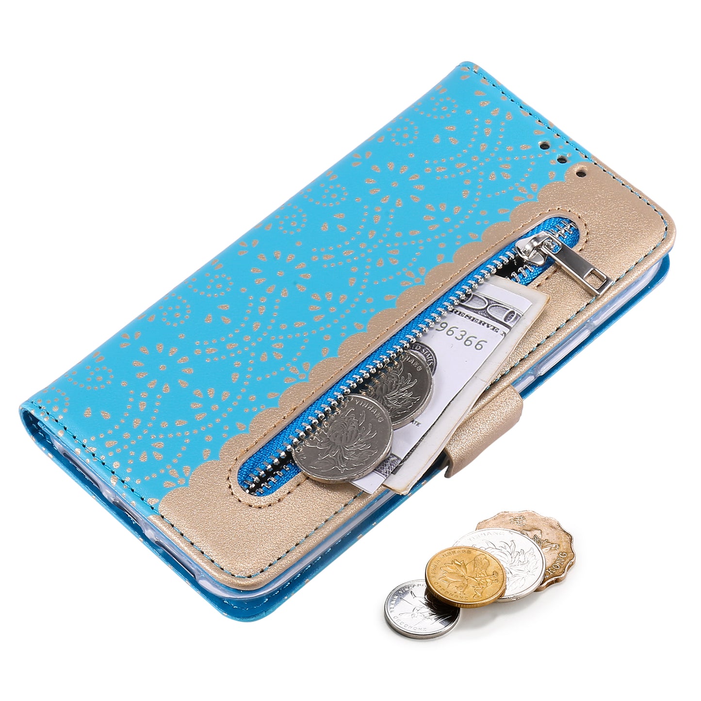 Uniqkart for iPhone 15 Zipper Wallet Phone Case Lace Flower Pattern Stand Leather Cover with Bowknot Wrist Strap - Blue