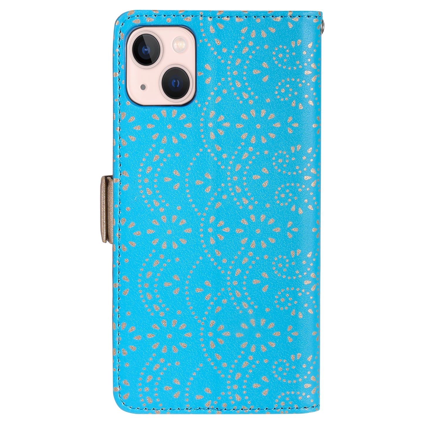 Uniqkart for iPhone 15 Zipper Wallet Phone Case Lace Flower Pattern Stand Leather Cover with Bowknot Wrist Strap - Blue