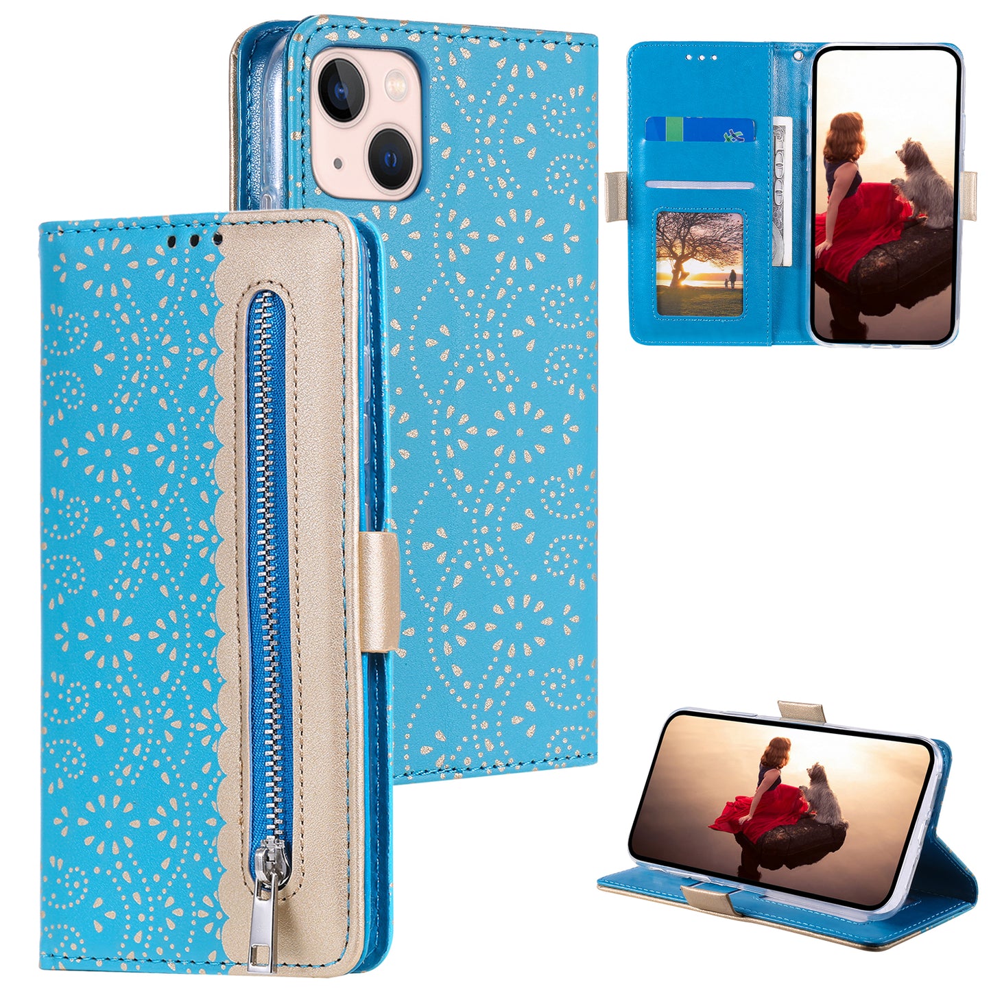 Uniqkart for iPhone 15 Zipper Wallet Phone Case Lace Flower Pattern Stand Leather Cover with Bowknot Wrist Strap - Blue