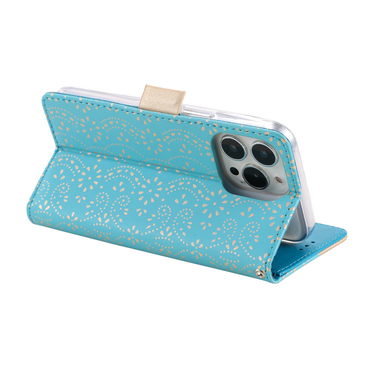 Uniqkart for iPhone 15 Ultra Lace Flower Pattern Zipper Wallet Phone Case Stand Leather Cover with Bowknot Wrist Strap - Blue