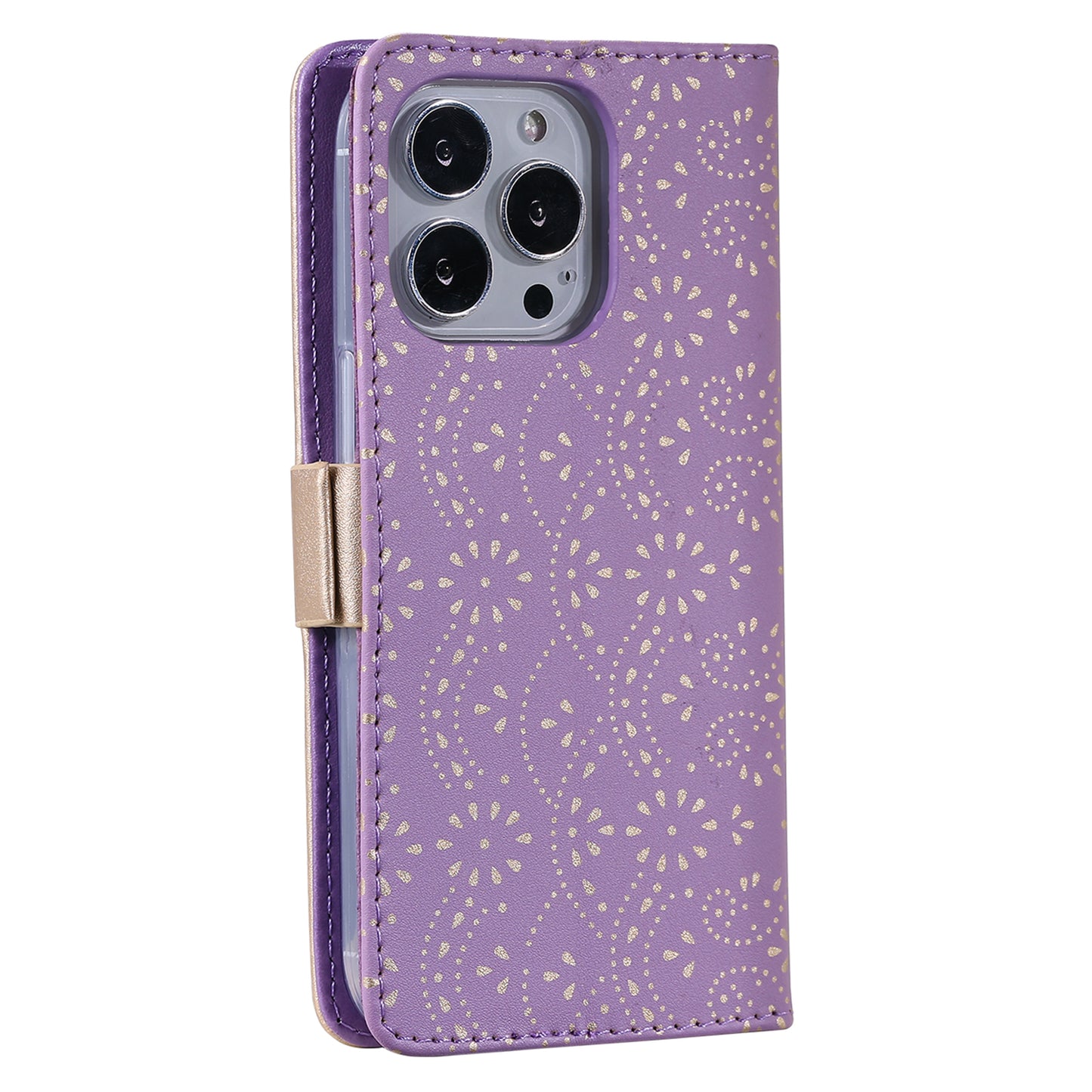 Uniqkart for iPhone 15 Ultra Lace Flower Pattern Zipper Wallet Phone Case Stand Leather Cover with Bowknot Wrist Strap - Purple