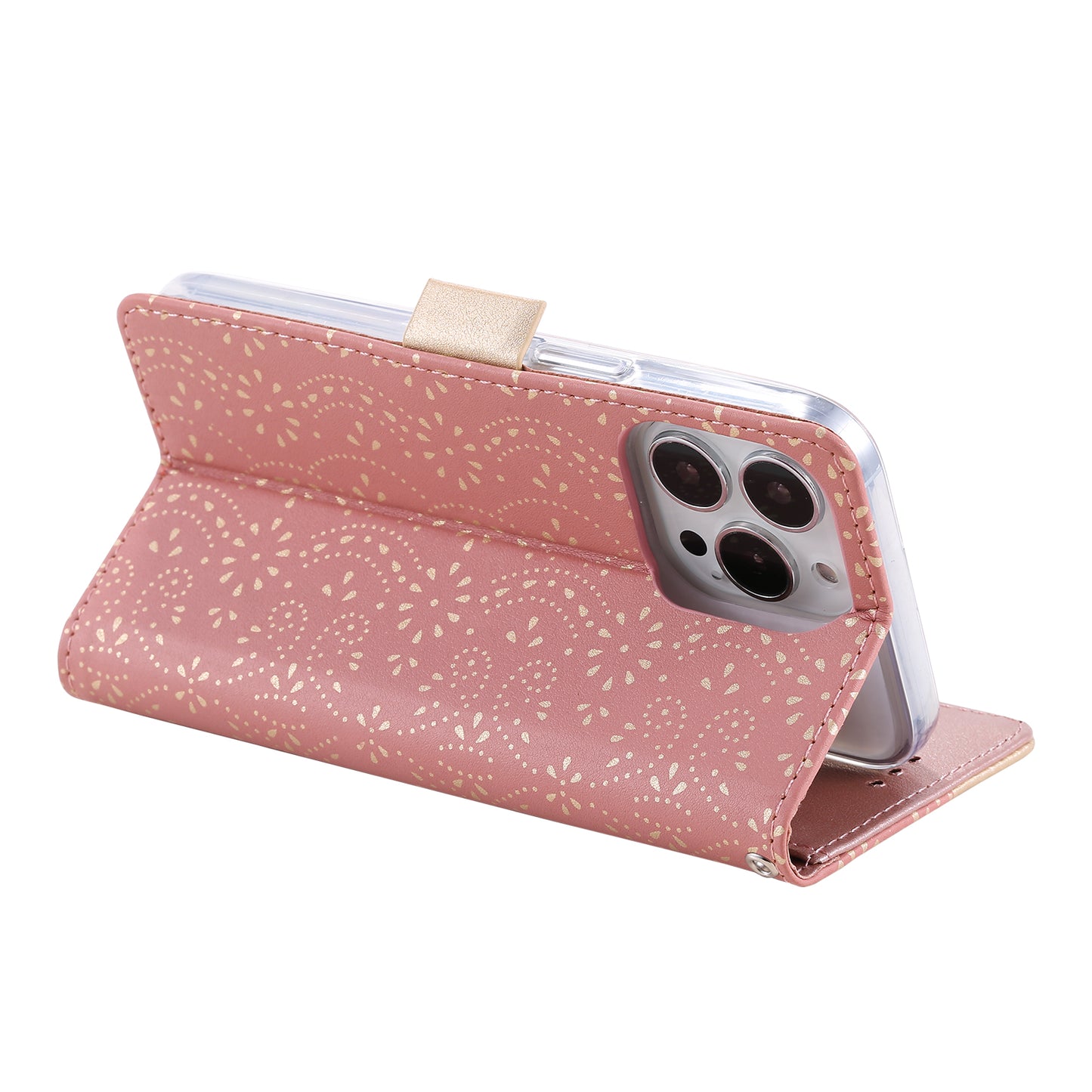 Uniqkart for iPhone 15 Ultra Lace Flower Pattern Zipper Wallet Phone Case Stand Leather Cover with Bowknot Wrist Strap - Rose Gold
