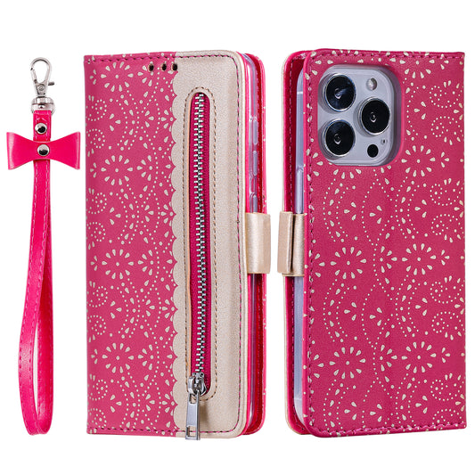 Uniqkart for iPhone 15 Ultra Lace Flower Pattern Zipper Wallet Phone Case Stand Leather Cover with Bowknot Wrist Strap - Rose