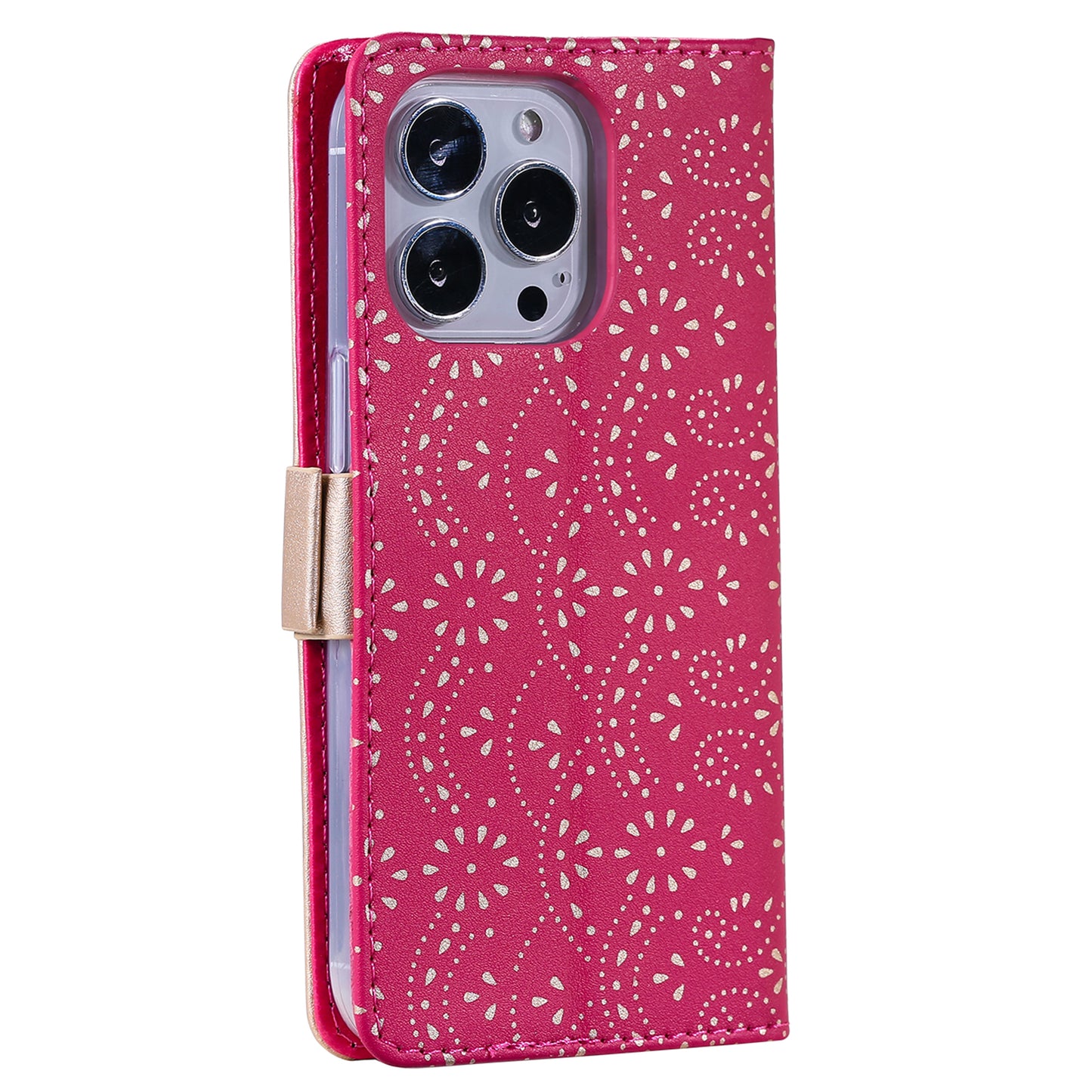 Uniqkart for iPhone 15 Ultra Lace Flower Pattern Zipper Wallet Phone Case Stand Leather Cover with Bowknot Wrist Strap - Rose